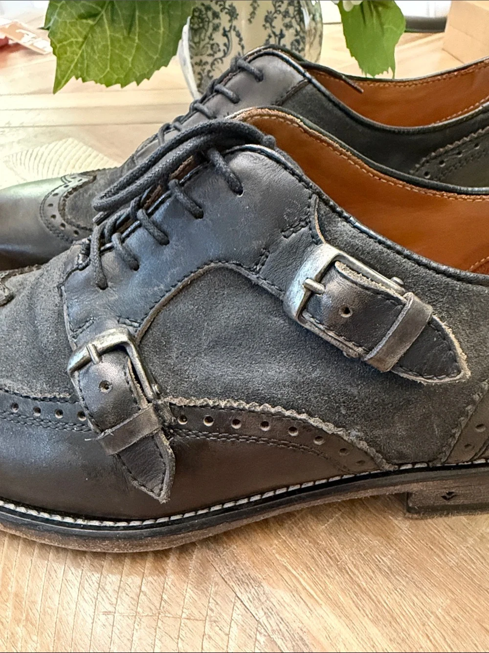 John Varvatos Dark Brown Suede & Leather Brogue Monk Strap Oxfords